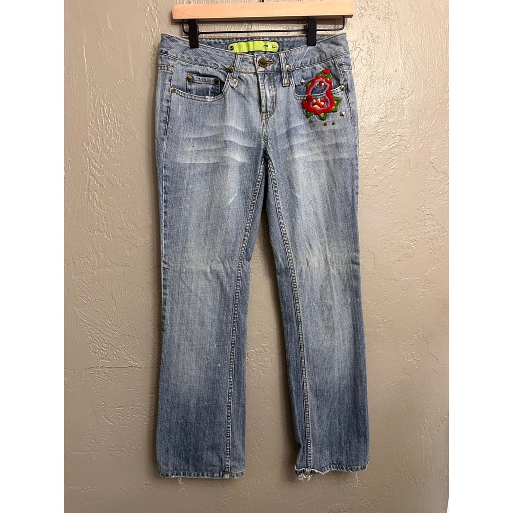 GTO Women Low Rise Jeans Floral Embroidered Studded Boho Y2K Indie Grunge 5/6